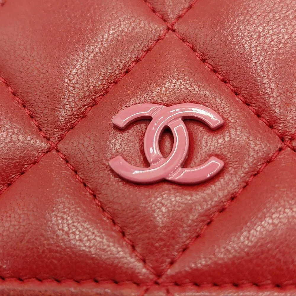 CHANEL Red Pink Quilted Matelasse Lambskin Long Wallet